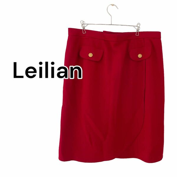 【Leilian】膝丈 スカート 赤 レッド 金ボタン 大きいサイズ ゆったり