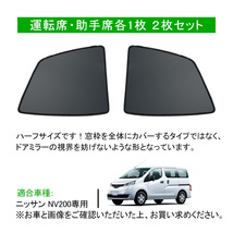 日産 NV200 メッシュ カーテン シェード 日よけ UVカット 遮光 断熱 内装 2枚 車中泊 旅行 アウトドア 換気 プライバシー保護_画像2