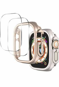 2個+2枚Apple Watch Ultra用保護ケース PC製中空式カバー*2 + 強化ガラスフィルム*2 傷防止 高透過率 気泡ゼロ ワイヤレス充電対応 49mm