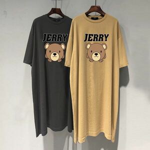 Tシャツワンピース レディース 夏 トップス 半袖 ゆったり 英文字 クマ柄 ロングワンピース 丸首 薄手 カジュアル 通勤 SLWB082(3色M-3XL)