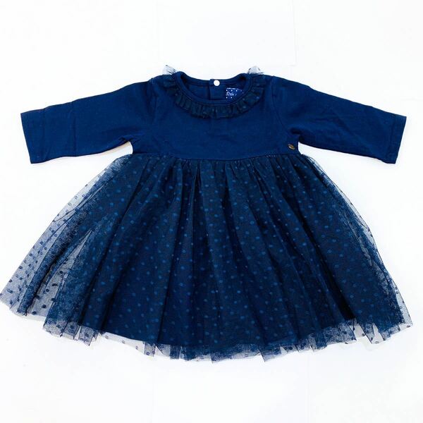 【新品未使用】Little s.t. by s.t. closet リトルエスティー 80cm ワンピース ネイビー 長袖 ドット 水玉 チュール レース かわいい