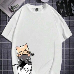元気な 猫 さん達 半袖 Tシャツ M サイズ 白 大きめ ドロップショルダー