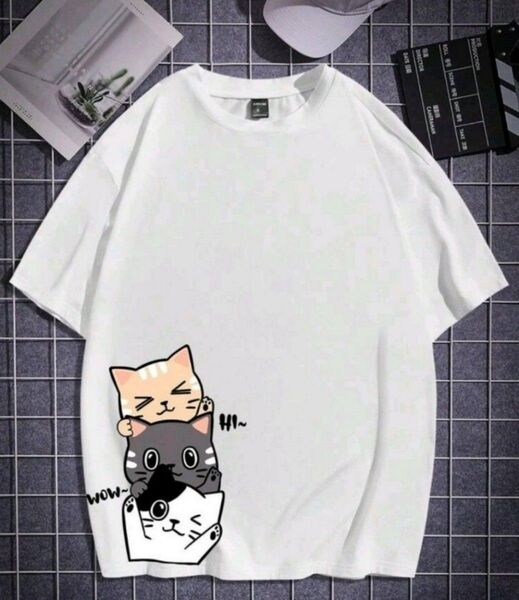 元気な 猫 さん達 半袖 Tシャツ M サイズ 白 大きめ ドロップショルダー