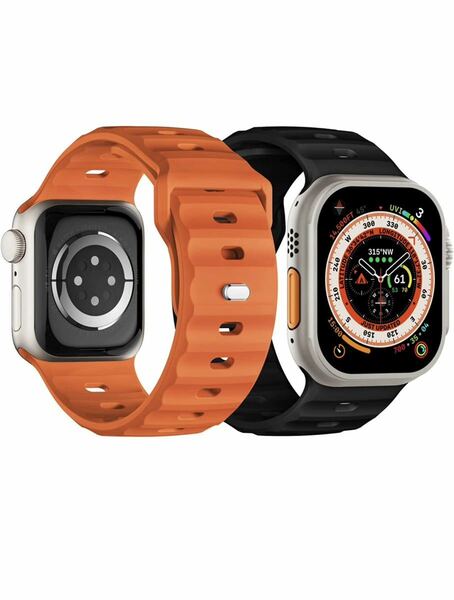 Apple Watch スポーツバンド　シリコン　防水柔らかいアップルウォッチバンド 42/44/45/49mm 男女兼用　黒オレンジ