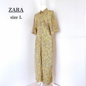 ZARA ザラ L ワンピース ロング マキシ 花柄 小花柄 半袖 大きいサイズ 貝ボタン 黄色 イエロー レーヨン100% 春夏