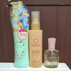 ①ヴィーナススパ メルティーミルク「ホワイトティーオーキッドの香り②デイサボン ボディミスト③ハッピーバスデイ コロンのセット