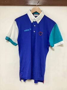 ほ1122 adidas GOLF アディダスゴルフ メッシュ半袖ポロシャツ M ブルー ドライ 速乾 ロゴプリント ボタンダウン