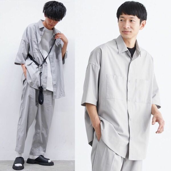 新品 Loungewear tokyo 麻レーヨン オーバーサイズ 半袖シャツ&テーパードパンツ セットアップ L ライトグレー