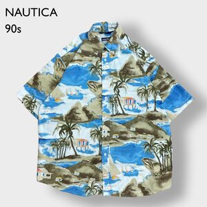 【NAUTICA】90s 旧タグ アロハシャツ 半袖 シャツ 柄シャツ ボタンダウン 総柄 L ビッグサイズ ノーティカ 古着