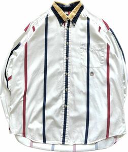 【90s】 TOMMY HILFIGER トミーヒルフィガー ボタンダウン 長袖シャツ ストライプ マルチ メンズXL コットン ビンテージ ワンポイント 古着