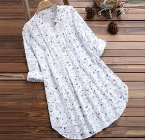  including in a package 1 ten thousand jpy free shipping #M-4XL size # spring summer new goods blouse long sleeve tunic shirt One-piece A line thin small floral print cotton flax large size white 