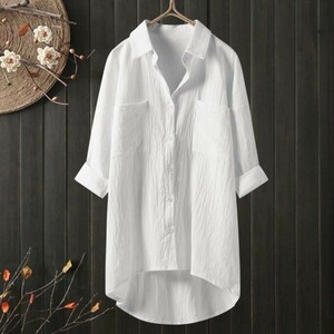 S~2XL サイズ■秋新品 ナチュラル ゆったり 素敵な 純色 無地 綿麻 大きいサイズ 長袖 シャツチュニック ★ 白