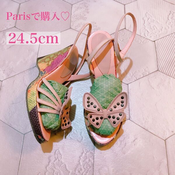 パリ購入美品 蝶々のレースアップサンダル 24.5cm ピンクベージュウェッジソールヒール厚底トレンド靴 レディースシューズ