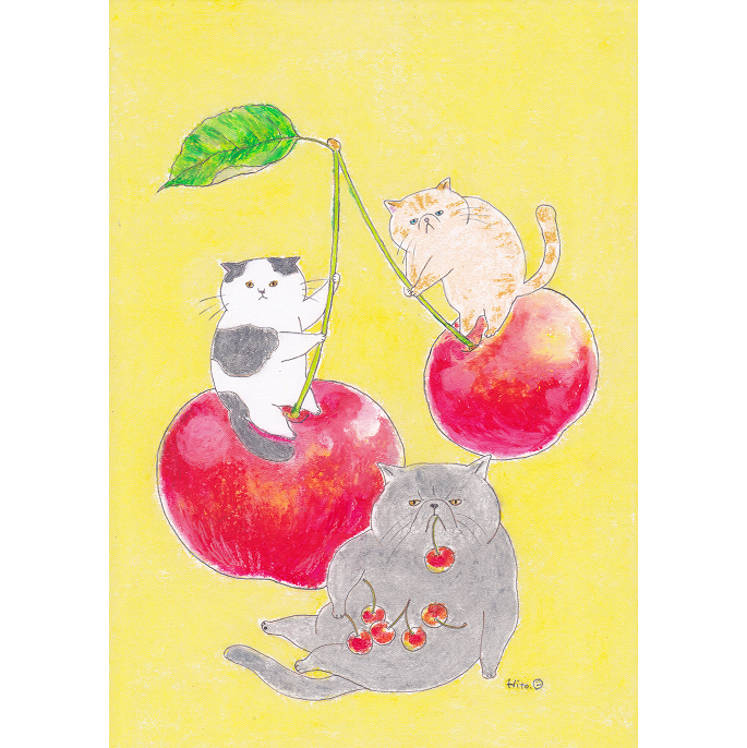 Hand-drawn/hand-drawn cat illustration★Cherry and three cats★Cherry, cat illustration, cat picture, painting, original picture, exotic, crayon drawing, A4, framed, artwork, painting, pastel painting, crayon drawing