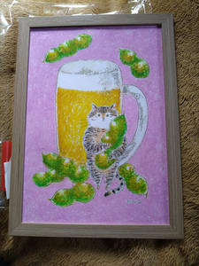 Art hand Auction Hand-drawn/hand-drawn original cat illustration★Beer and edamame★Mug･Cat illustration･Cat picture･Cat･Painting･Original picture･Kijitora cat･Crayon drawing･A4･Framed, artwork, painting, pastel painting, crayon drawing