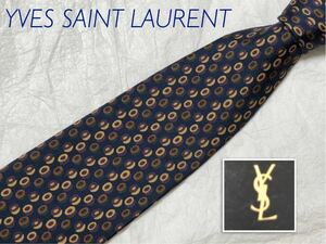 ■新品未使用タグ付き■YVES SAINT LAURENT イヴサンローラン　ネクタイ　総柄　シルク100% ブルー×ブラウン、ベージュ、グリーン