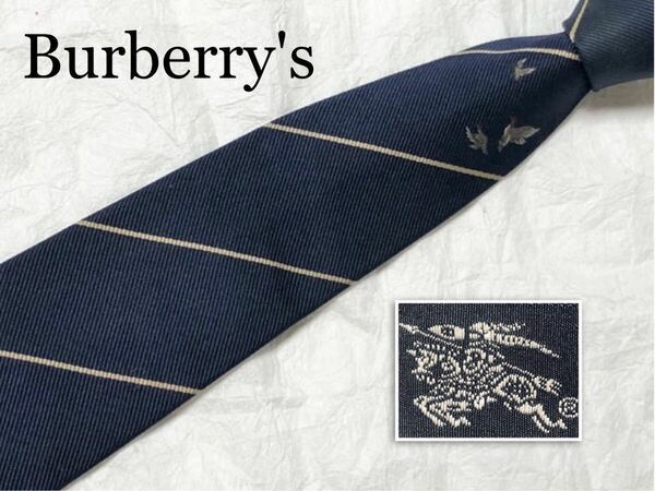 Burberry's バーバリー　ネクタイ　シルク100% キジ　ナイトロゴ　ホースマーク刺しゅう　レジメンタルストライプ　ネイビー