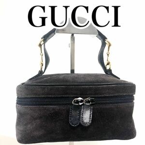 GUCCI グッチ　ホースビット　バニティバッグ コスメポーチ　スエード　レザー　イタリア製　刻印あり　ダークブラウン　ゴールド金具