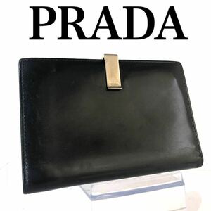 ■美品■PRADA プラダ　レザー　三つ折り財布　クリップ式ホック　ブラック　シルバー金具　イタリア製　刻印あり