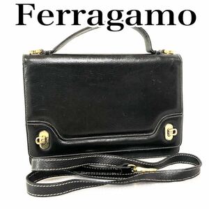 ■美品■Salvatore Ferragamo サルヴァトーレフェラガモ　ガンチーニ　本革　2wayバッグ　ハンドバッグ　ショルダーバッグ　ブラック