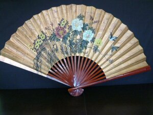 ◆YE-0520-45 中国製造 扇子 椿 鳥 美術工芸品 特大サイズ 全長約102cm