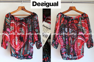 desigual デシグアル ノースリブ 花柄 ペイズリー シフォン ブラウス ワッシャー シワ加工 赤 レッド ボタニカル シアー チュニック