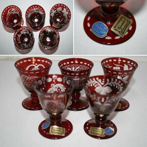 **bohe mia glass |e-ge Le Mans | pattern different | red | cold sake | liqueur glass |5 piece collection **
