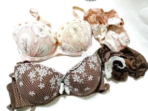 【未使用】レディース 女性 下着 上下セット ブラジャー E70 パンツ パンティ Mサイズ ピンク 花柄 ブラウン 茶色 水玉 ドット柄 タグ付