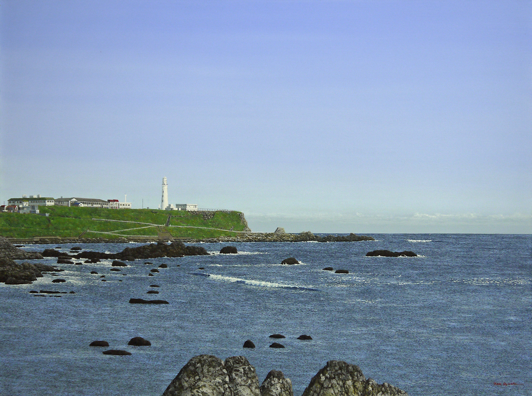 The ripples below the lighthouse at Inubozaki in Chiba are vividly depicted with the delicate brushwork characteristic of Mr. Ootsuchi. Oil painting by Takashi Ootsuchi, No. 60 Cape Scenery - Inubozaki [Masami Gallery], Painting, Oil painting, Nature, Landscape painting