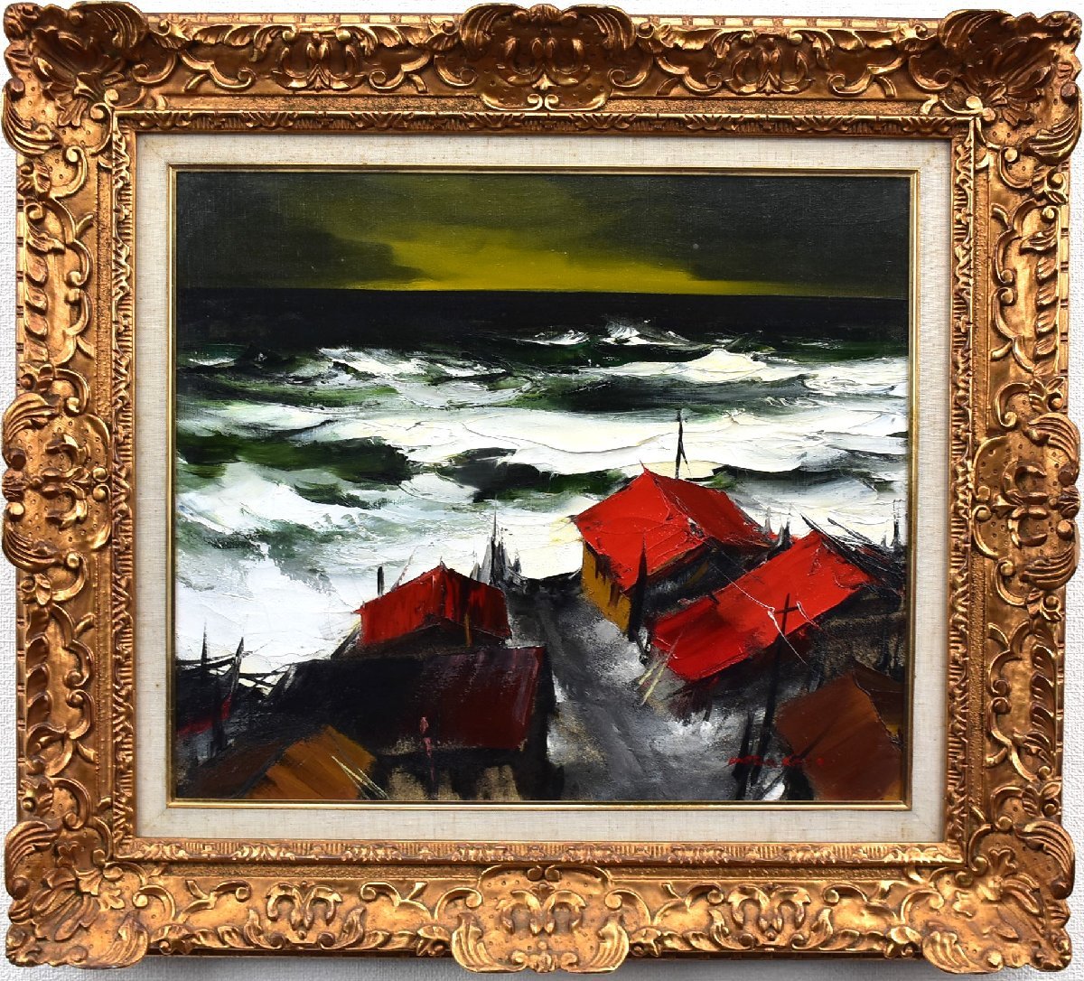 popular work that depicts the harshness of nature in a northern fishing village with unique colors! Kasai Shiyu 10-go Northern Sea Oil Painting [Masami Gallery, 5, 500 pieces on display]*, Painting, Oil painting, Nature, Landscape painting