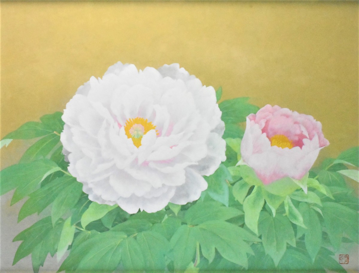 Fujiwara Toshiyuki Peony Pintura japonesa 15 páginas con pegatina ◆ Exhibida en la Exposición de pintura japonesa del siglo XXI [Galería Seiko] *, Cuadro, pintura japonesa, Flores y pájaros, Fauna silvestre