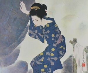 志村立美　　　画集「美人百態」より「春6　いで湯」　　昭和51年発行　 　　ポスター　　　※額付き　　　 【正光画廊】　　　