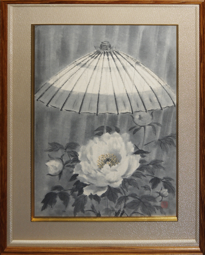 Une œuvre rare trouvée ! Tableau japonais Akira Akizuki n°12 Pivoine sous la pluie Galerie Masamitsu*, peinture, Peinture japonaise, fleurs et oiseaux, oiseaux et bêtes
