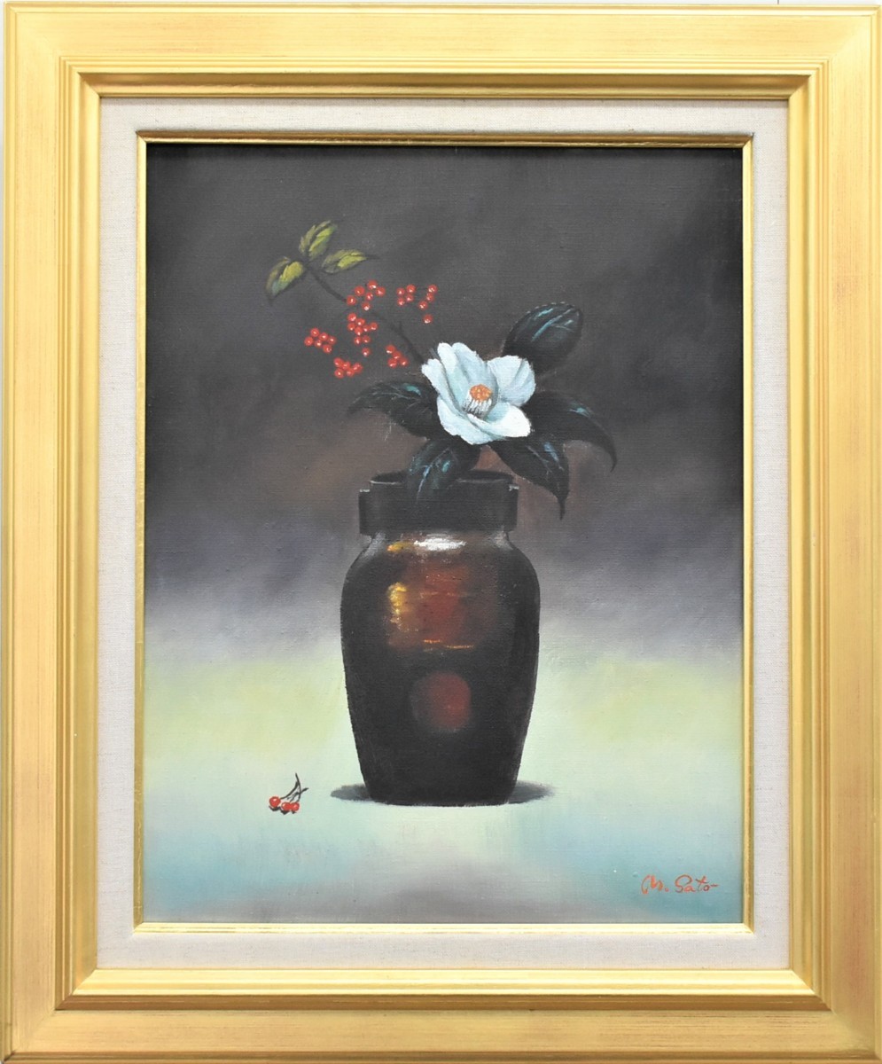 The combination of the vase and camellia flowers is a wonderful piece. It's a great deal. The artwork is calming! Masaaki Sato, No. 6 Bizen and Camellia Oil Painting, Painting, Oil painting, Still life