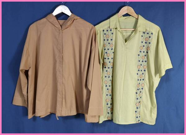 SET‐132春夏☆新品☆送料込み☆即決☆ナチュラル系☆綿2枚セット☆ジャケットとブラウス☆M~Lサイズ☆ブラウン系とマスタード