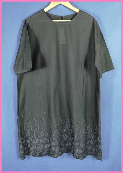 WH‐283‐3☆LL☆春夏☆新品☆送料込み☆即決☆ナチュラル系☆綿麻混☆L~LLサイズ☆ワンピース☆黒☆すそ刺繍☆