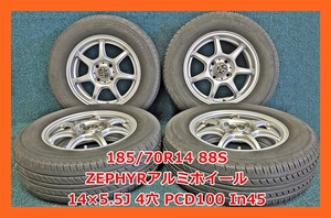 ★2019年製 185/70R14 88S MOBISYS 500E 中古 夏タイヤ/中古 ZEPHYR 社外 アルミホイール付き 4本 4穴 PCD100 IN45★