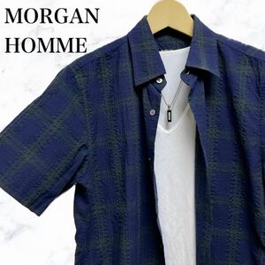 MORGAN HOMME 半袖シャツ　チェックシャツ　紺色　ネイビー系