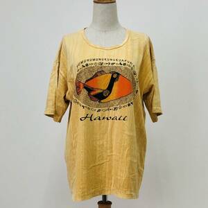 a02044 USA製 ヴィンテージ GUAVABEACH メンズ Tシャツ 半袖 プリント カジュアル 丸首 薄手 古着 黄 良品 万能 ボヘミアンビーチスタイル