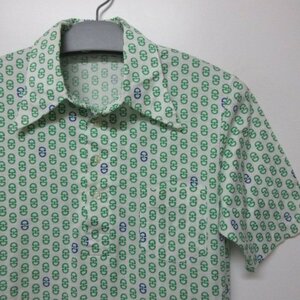 レナウン　昭和レトロ　半袖　柄シャツ　M　緑　オールド　JAPAN古着　sy3610