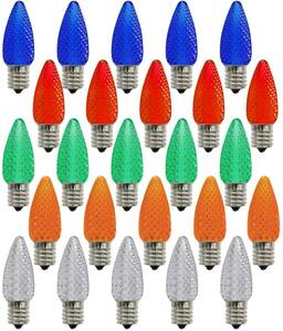 C９口金E17 五色カラー 25個入 いちご形 花見 ビアガーデン テラス最適 LED電球 0.6W(6Ｗ相当) 蝋燭型 ストリングライト交換用