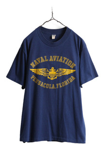 70s USA製 ■ US NAVAL AVIATION 3段 プリント 半袖 Tシャツ メンズ XL 小さめ M 程/ 古着 70年代 ミリタリー 軍物 NAVY シングルステッチ