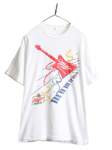 80s USA製 ■ ミラー x ヘイマー ギター イラスト プリント 半袖 Tシャツ XL 小さめ メンズ L 程/ 80年代 企業物 コラボ ビール バンド 白