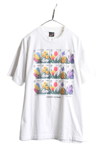 90s USA製 大きいサイズ XL ■ 花 切手 アート プリント Tシャツ メンズ レディース 古着 90年代 イラスト グラフィック ヘビーウェイト 白