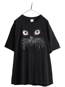 00s 大きいサイズ XXL ■ ネコ イラスト プリント 半袖 Tシャツ メンズ レディース 2XL 00年代 オールド 黒 キャラクター アニマル アート