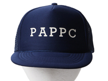 90s ■ PAPPC プリント トラッカー ハット フリーサイズ / 古着 帽子 90年代 オールド メッシュ キャップ ベースボール 企業物 当時物 紺_画像2