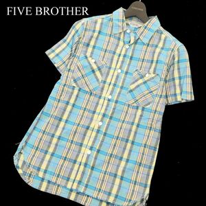 FIVE BROTHER ファイブブラザー 春夏 半袖 チェック★ ワーク シャツ Sz.S　青 メンズ　C3T05909_6#A