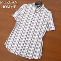 MORGAN HOMME モルガン オム 春夏 鹿の子★ 半袖 ボタンダウン ストライプ シャツ Sz.XL　メンズ パープル 紫 日本製　C3T05987_7#A_画像1