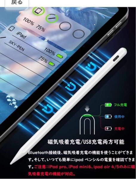 ワイヤレス充電 タッチペン 【2023新登場 ワイヤレス充電+USB充電】