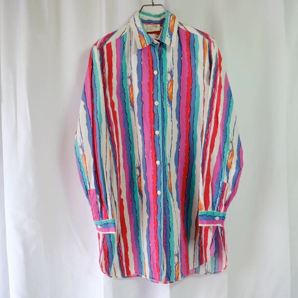 【1980s】ビンテージ　ハンドペイント風　ストライプ　ロングシャツ　古着　オーバーサイズ　ワンピース　アート　デザイン